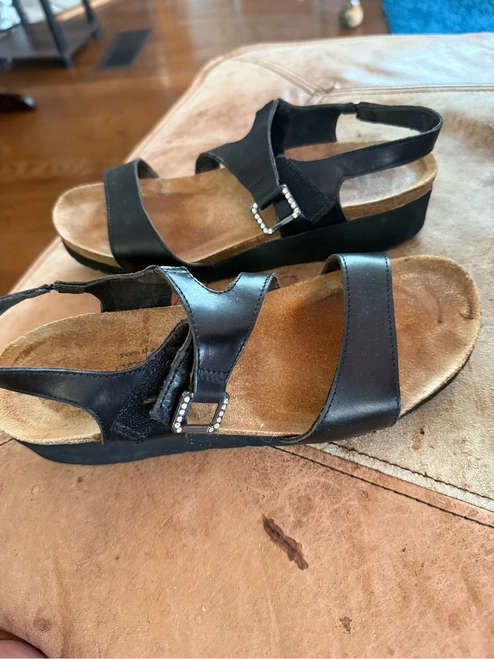 Naot Black Leather Slingback Sandals with Rhinestone Buckle
